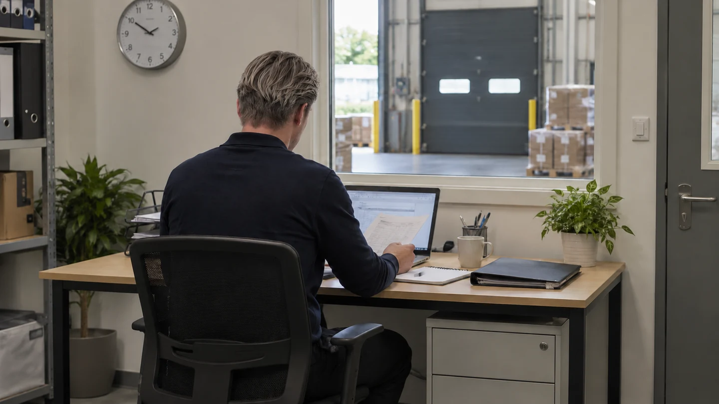 Illustrative scene of Kyle reviewing distribution records at a warehouse office desk.