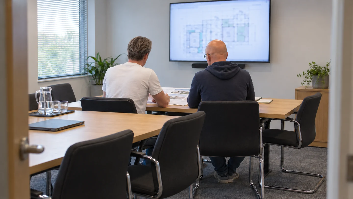 Illustrative consultancy discussion with Kyle and a colleague reviewing a drawing in a meeting room.