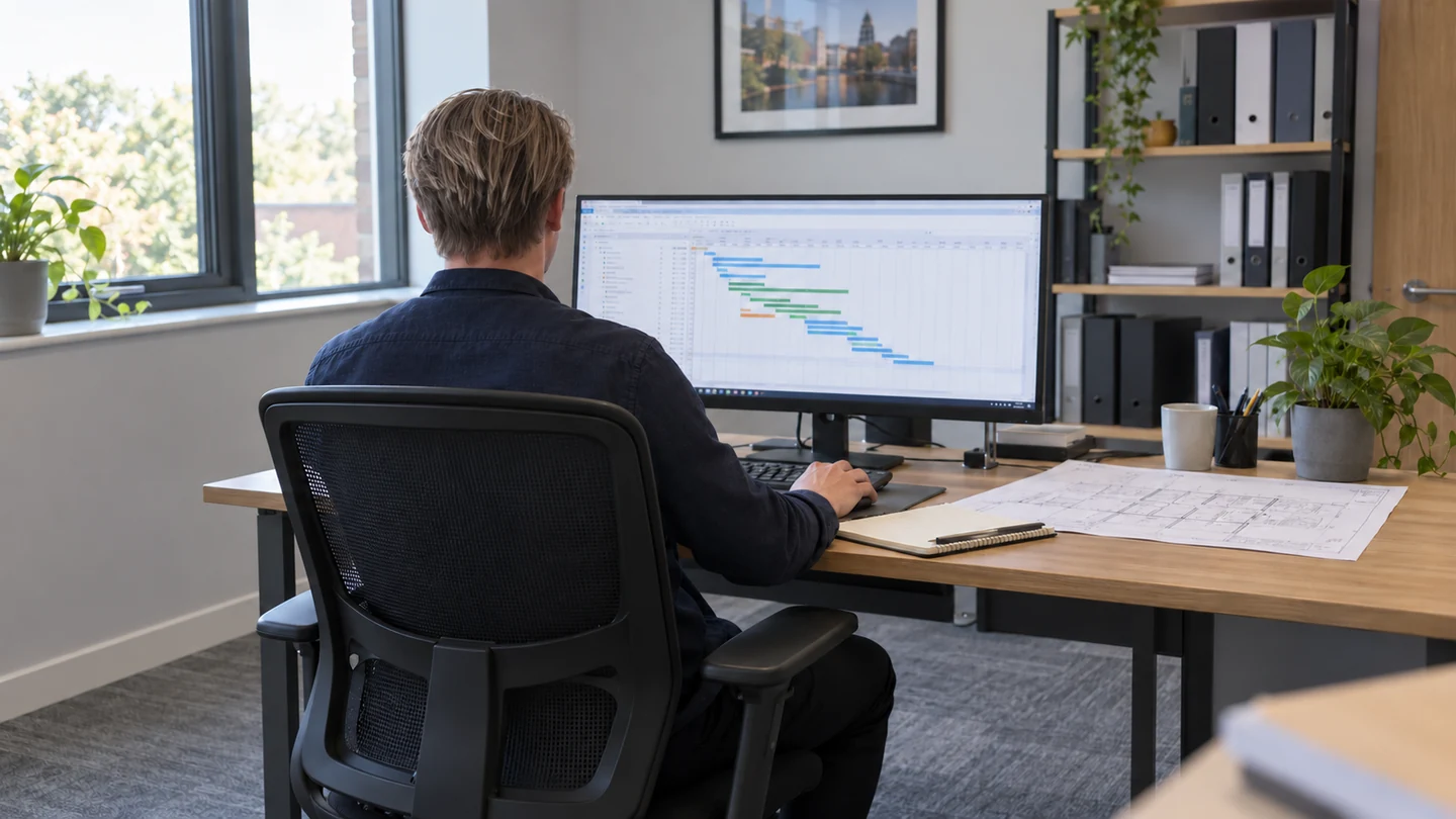 Illustrative scene of Kyle reviewing a project programme and drawings at an office workstation.